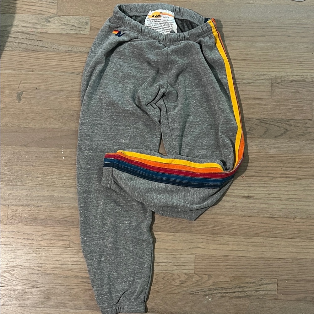 Aviator Nation Gray Sweatpants with Red and Yellow Stripes